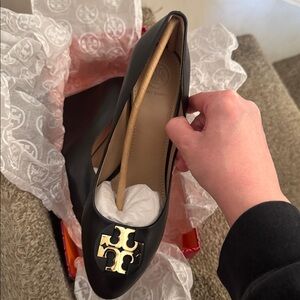 Brand new Tory Burch Luna 85MM Wedge Calf Leather Black Heels with Gold Logo